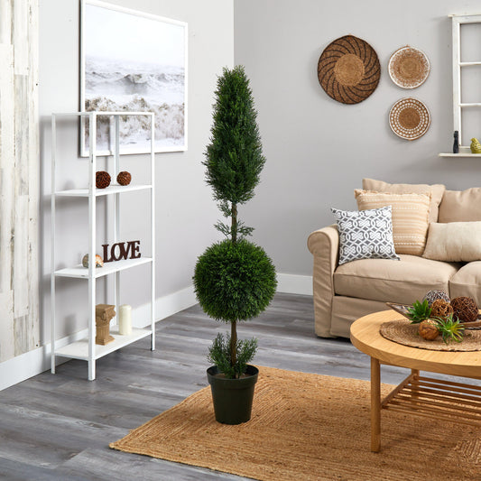 5' Cypress Ball and Cone Silk Tree by Nearly Natural in a black pot indoors near sofa on Tampa Home & Garden Store