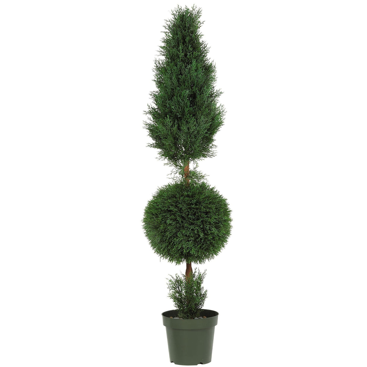 5' Cypress Ball and Cone Silk Tree by Nearly Natural with three tiers in a green planter on Tampa Home & Garden Store