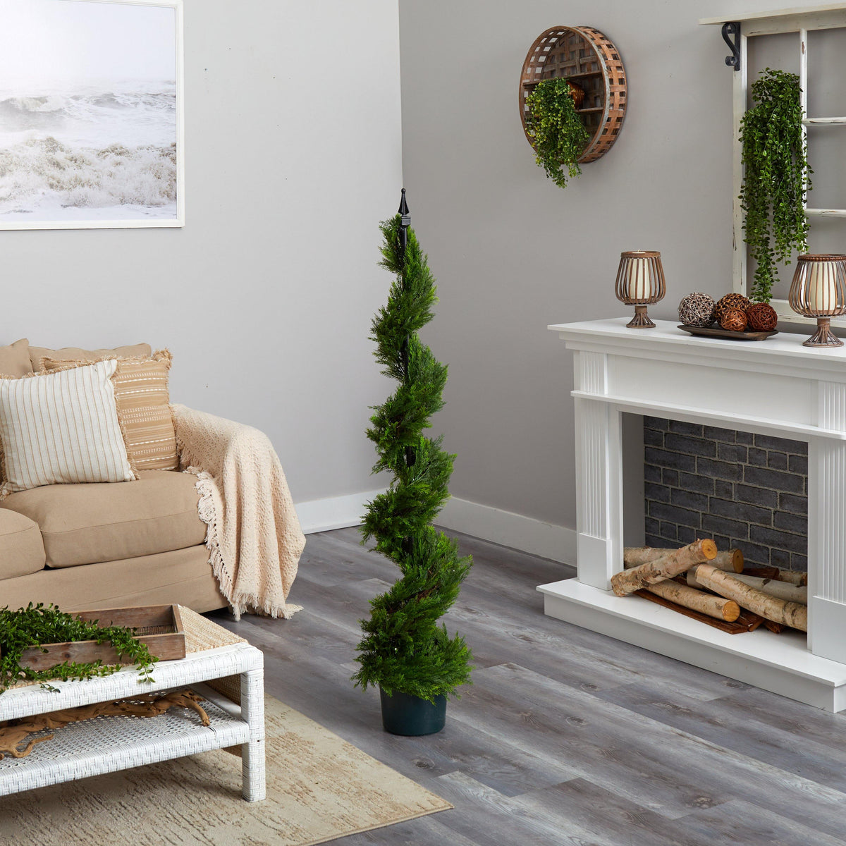 5' Cypress Spiral Tree by Nearly Natural, dark green artificial evergreen in a planter on Tampa Home & Garden Store