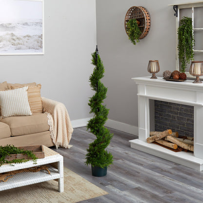 5' Cypress Spiral Tree by Nearly Natural, dark green artificial evergreen in a planter on Tampa Home & Garden Store