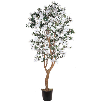 5' Dogwood Silk Tree artificial tree with white blossoms and green leaves in black pot on Tampa Home & Garden Store