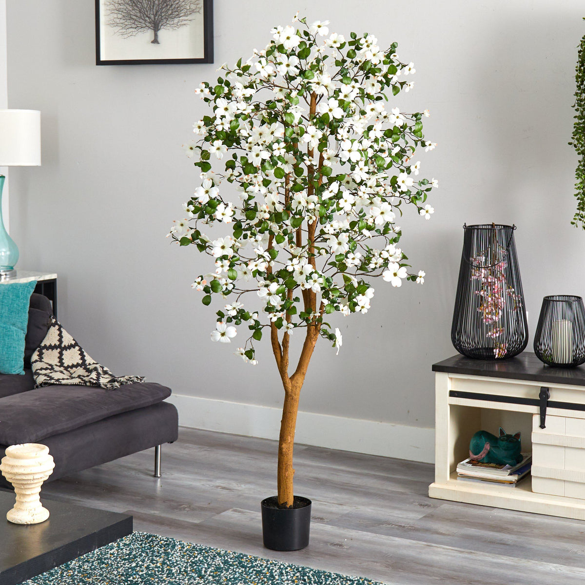 Nearly Natural 5' Dogwood Silk Tree, white blossoms and green leaves in a black pot on Tampa Home & Garden Store
