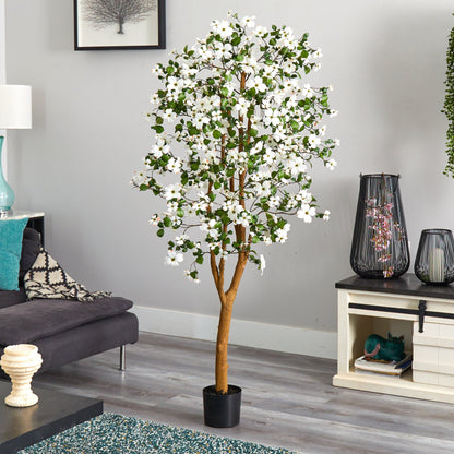 Nearly Natural 5' Dogwood Silk Tree, white blossoms and green leaves in a black pot on Tampa Home & Garden Store