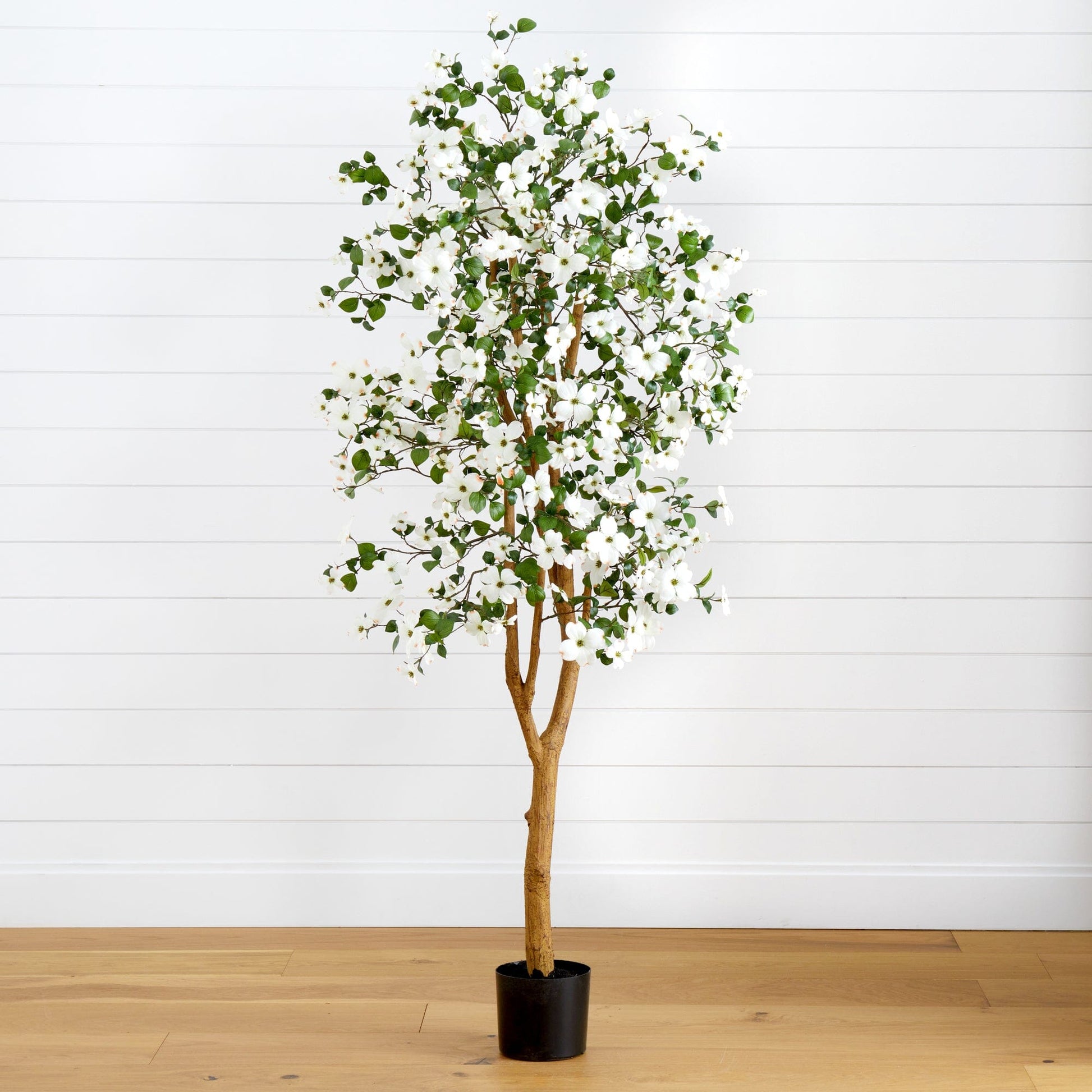 5' Dogwood Silk Tree by Nearly Natural with white blossoms and green leaves in a black pot on Tampa Home & Garden Store