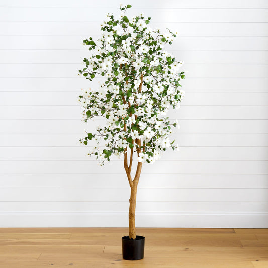 5' Dogwood Silk Tree by Nearly Natural with white blossoms and green leaves in a black pot on Tampa Home & Garden Store
