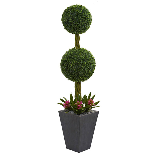5 ft double boxwood ball topiary tree in slate planter indoor/outdoor Nearly Natural on Tampa Home & Garden Store