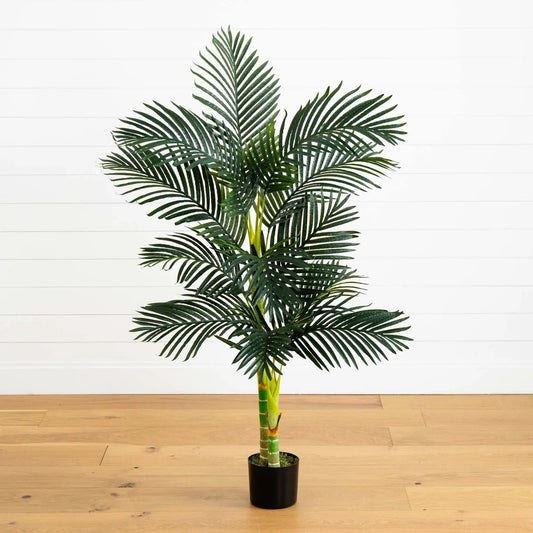 5 Foot Golden Cane Artificial Palm Tree with dark green fronds in a black pot on Tampa Home & Garden Store