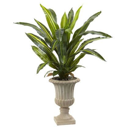 5’ Dracaena Plant in Urn; artificial tree with green leaves and yellow stripe in urn on Tampa Home & Garden Store