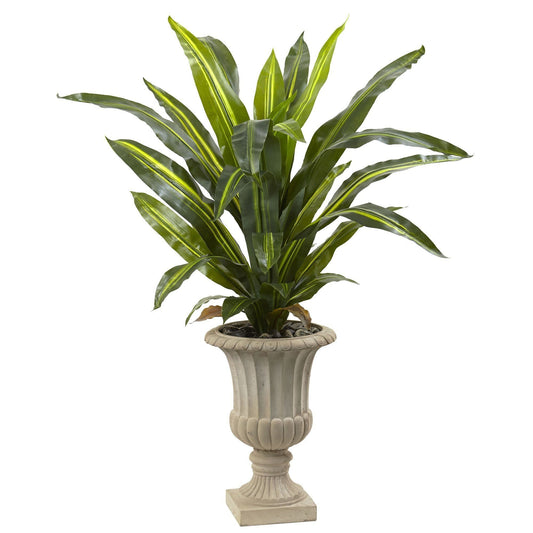 5’ Dracaena Plant in Urn; artificial tree with green leaves and yellow stripe in urn on Tampa Home & Garden Store