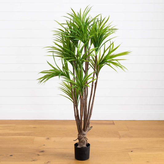5’ Dracaena Silk Tree Nearly Natural with brown trunks and lush green leaves in a black pot on Tampa Home & Garden Store