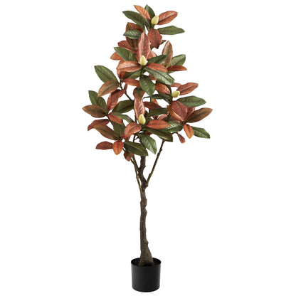 5’ Fall Magnolia artificial tree with green red orange leaves in a black pot by Nearly Natural on Tampa Home & Garden Store