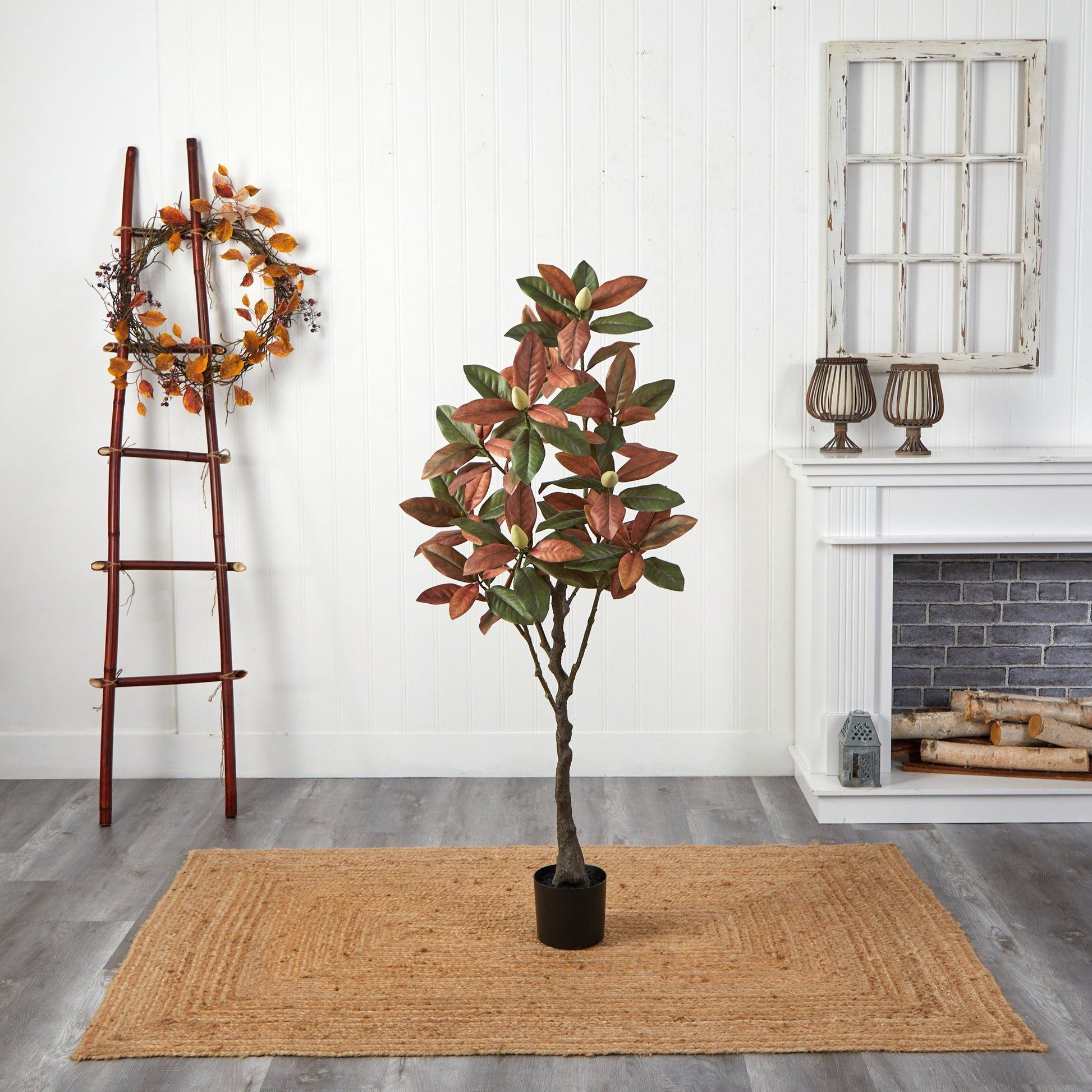 5’ Fall Magnolia Artificial Tree in black pot with orange-brown and green leaves on Tampa Home & Garden Store