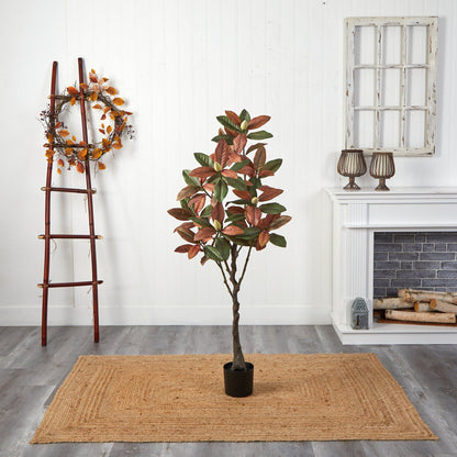 5’ Fall Magnolia Artificial Tree in black pot with orange-brown and green leaves on Tampa Home & Garden Store