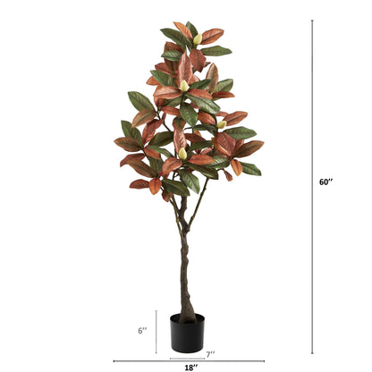 Nearly Natural 5’ Fall Magnolia Artificial Tree with red and green autumn leaves in a black pot on Tampa Home & Garden Store