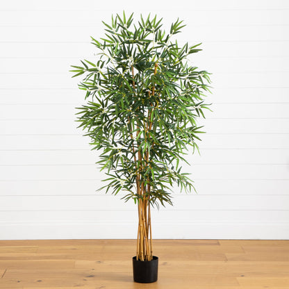 5' Fancy Style Bamboo Silk Tree by Nearly Natural in a black pot with leaves on wood floor on Tampa Home & Garden Store