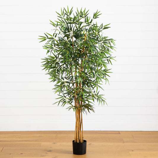 5' Fancy Style Bamboo Silk Tree by Nearly Natural in a black pot with leaves on wood floor on Tampa Home & Garden Store