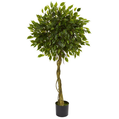 5' Ficus artificial topiary tree UV resistant with twisted trunk in black pot by Nearly Natural on Tampa Home & Garden Store