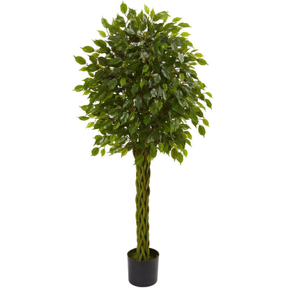 Nearly Natural 5' Ficus Artificial Tree with Woven Trunk UV Resistant indoor/outdoor in black pot on Tampa Home & Garden Store