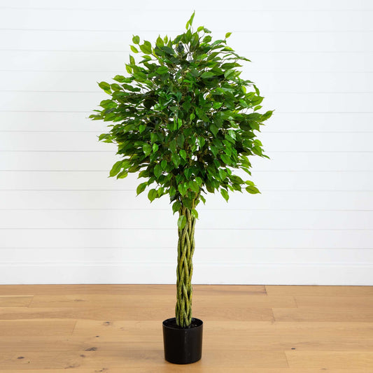 5' Ficus Artificial Tree with woven trunk UV resistant by Nearly Natural in black pot on Tampa Home & Garden Store