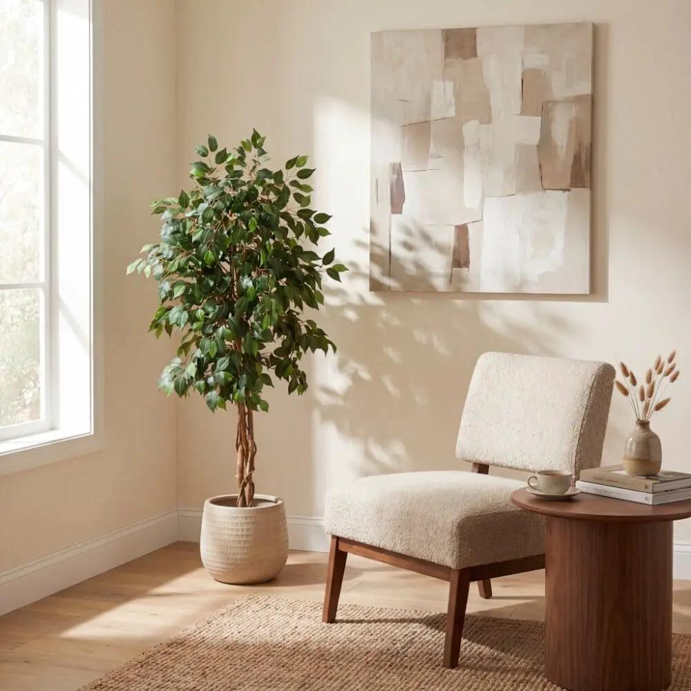 Five Foot Ficus Silk Tree by Nearly Natural, artificial tree with 756 leaves in a light planter on Tampa Home & Garden Store