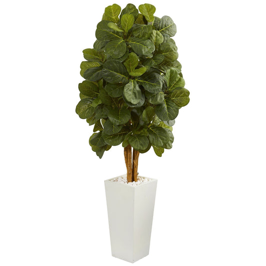 5’ Fiddle Leaf Artificial Tree in White Tower Planter with lush green leaves Nearly Natural on Tampa Home & Garden Store