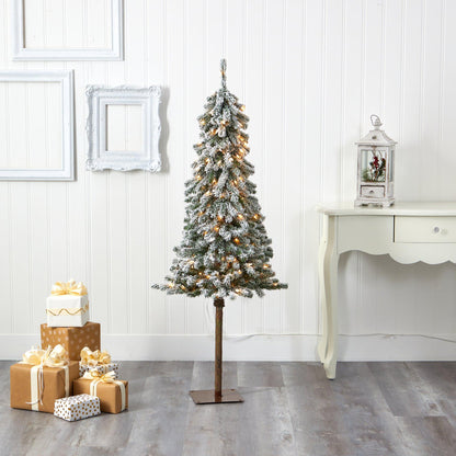 Nearly Natural 5’ Flocked Alpine Artificial Christmas Tree with snow-dusted branches and lights on Tampa Home & Garden Store