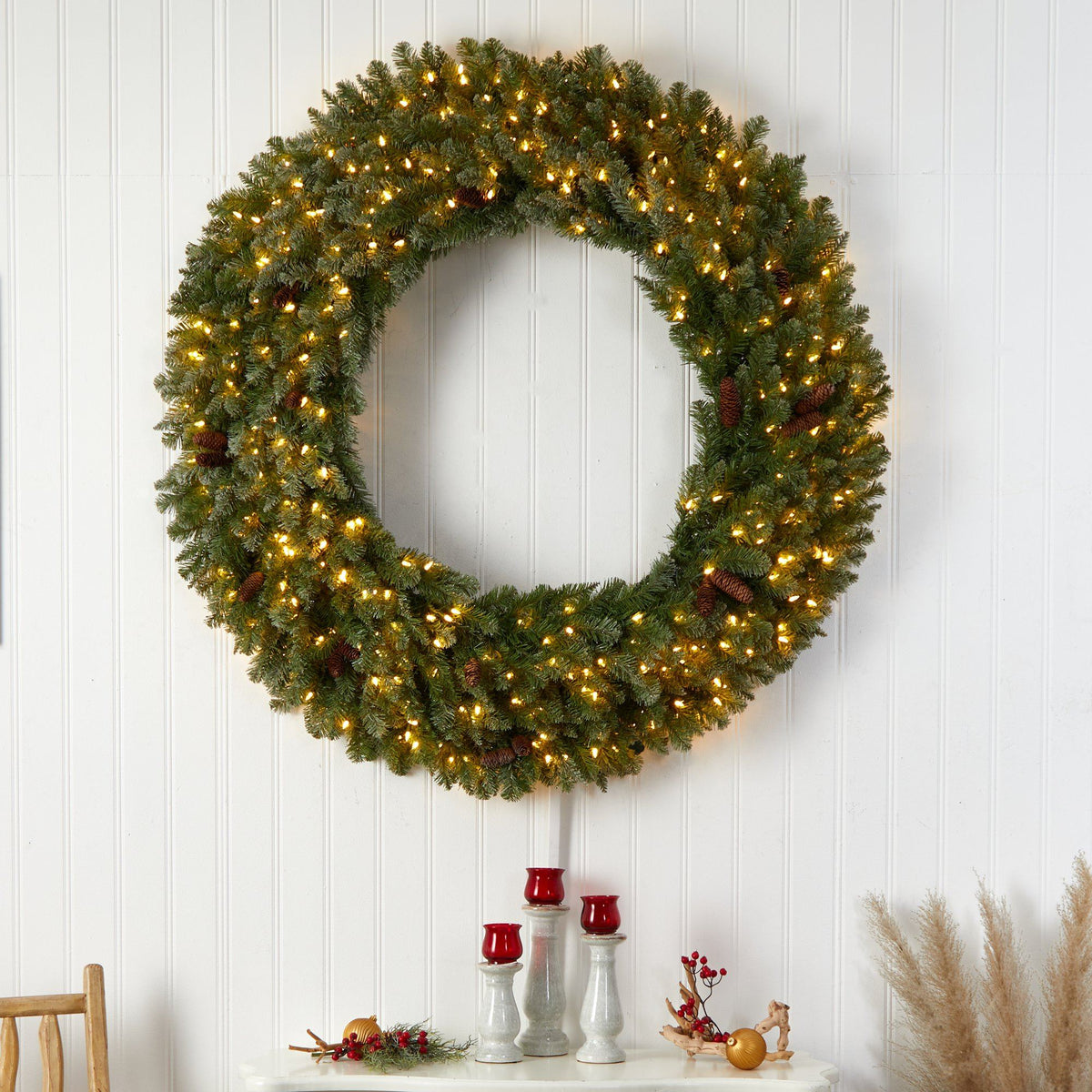 5’ flocked artificial Christmas wreath with pinecones, 300 clear LED lights, 680 bendable branches Nearly Natural on Tampa Home & Garden Store