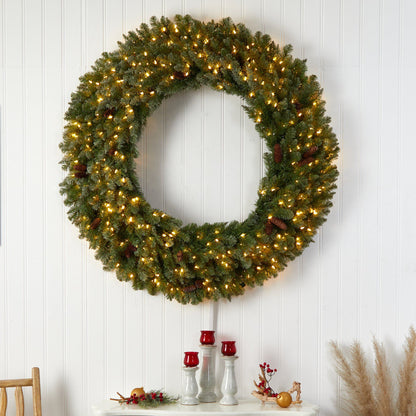 5’ flocked artificial Christmas wreath with pinecones, 300 clear LED lights, 680 bendable branches Nearly Natural on Tampa Home & Garden Store