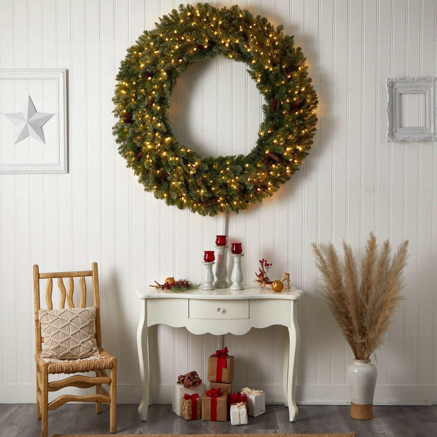 Wreath by Nearly Natural, 5ft flocked artificial Christmas wreath with pinecones and LED lights on Tampa Home & Garden Store