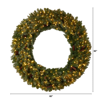 5 ft flocked wreath Nearly Natural 680 bendable branches, 300 LED lights and pinecones on Tampa Home & Garden Store
