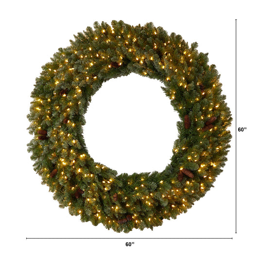 5 ft flocked wreath Nearly Natural 680 bendable branches, 300 LED lights and pinecones on Tampa Home & Garden Store
