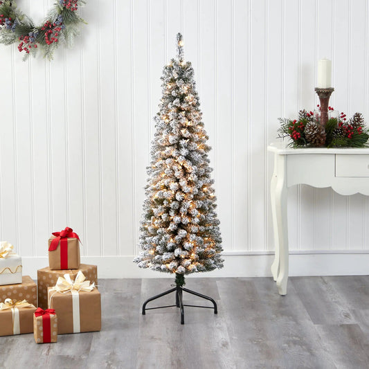 Flocked pencil Christmas tree by Nearly Natural with 200 lights, slim 5 ft artificial tree on Tampa Home & Garden Store