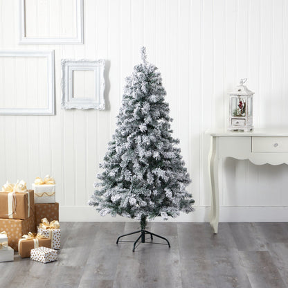 5' flocked Rock Springs Spruce artificial Christmas tree by Nearly Natural with snow-tipped branches on Tampa Home & Garden Store