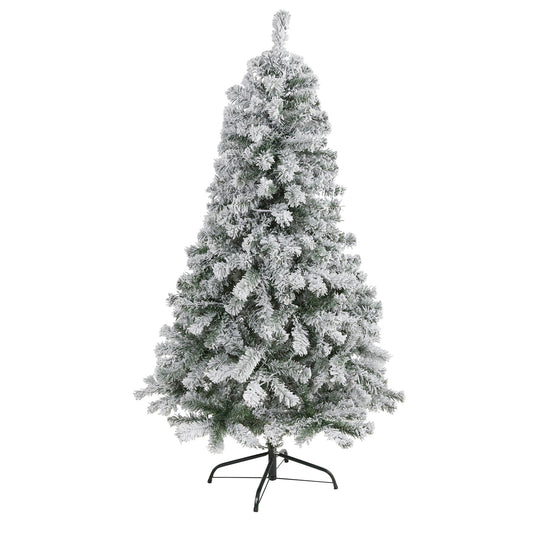 Nearly Natural 5' Flocked Rock Springs Spruce artificial Christmas tree on metal stand on Tampa Home & Garden Store