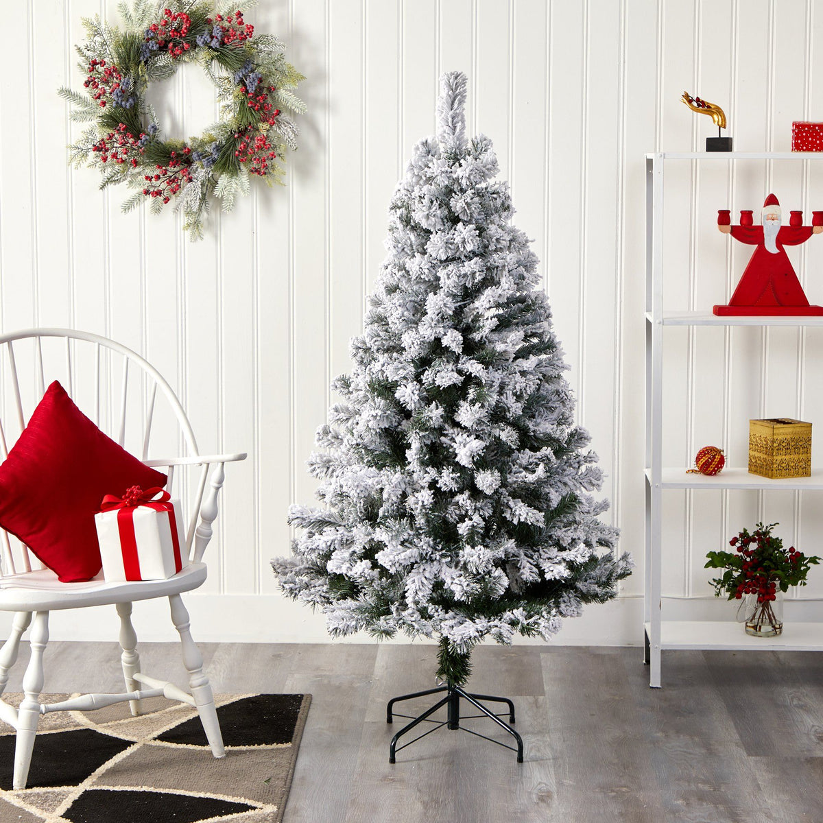 5' Flocked West Virginia Fir Artificial Christmas Tree by Nearly Natural, snow-tipped branches on Tampa Home & Garden Store