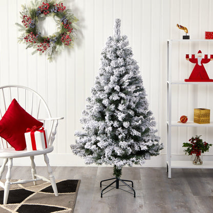 5' Flocked West Virginia Fir Artificial Christmas Tree by Nearly Natural, snow-tipped branches on Tampa Home & Garden Store