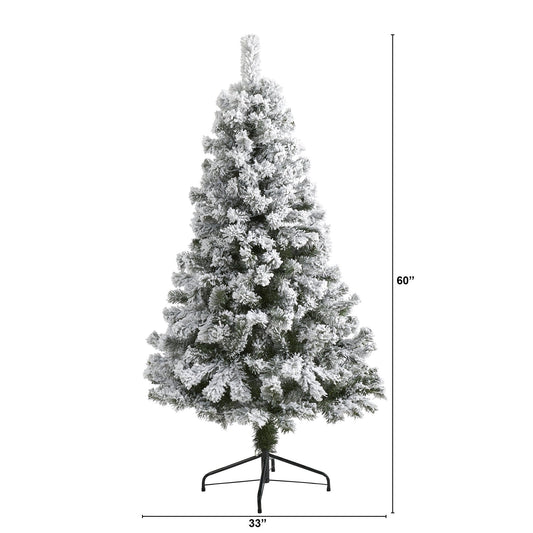 Nearly Natural 5' flocked West Virginia Fir artificial Christmas tree on a black metal stand on Tampa Home & Garden Store