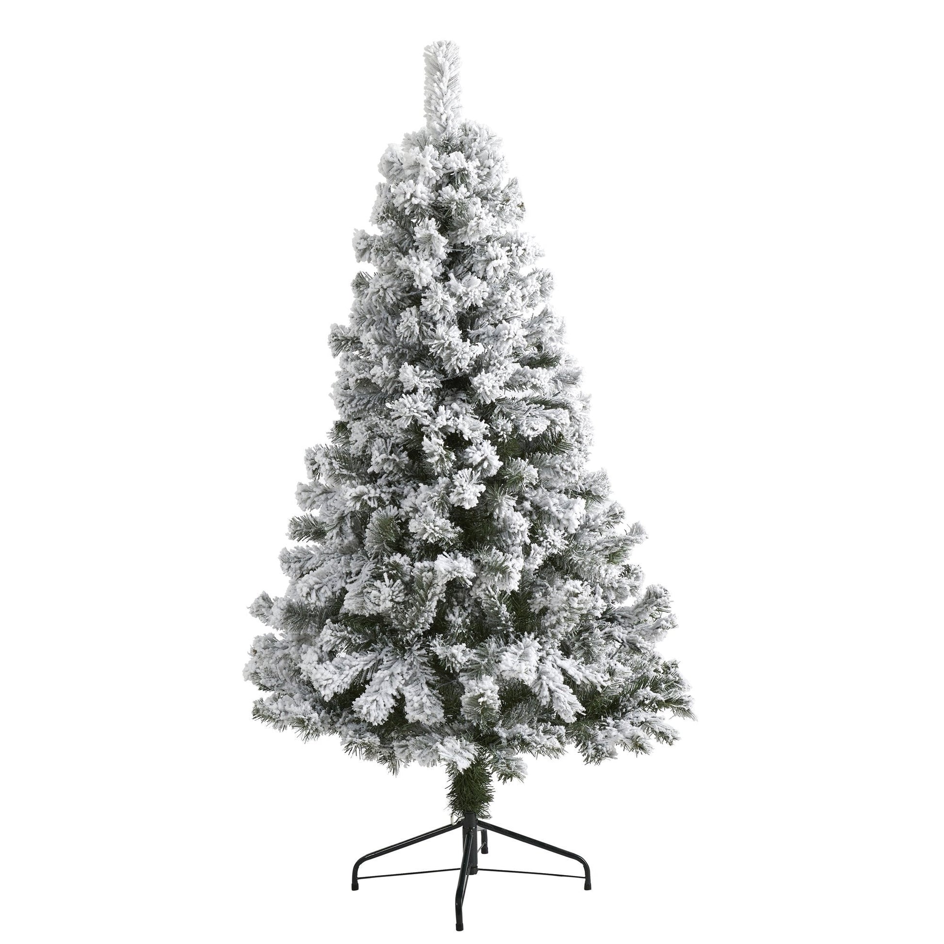 5 ft flocked West Virginia Fir artificial Christmas tree with white needles on metal stand on Tampa Home & Garden Store