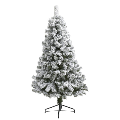 5 ft flocked West Virginia Fir artificial Christmas tree with white needles on metal stand on Tampa Home & Garden Store