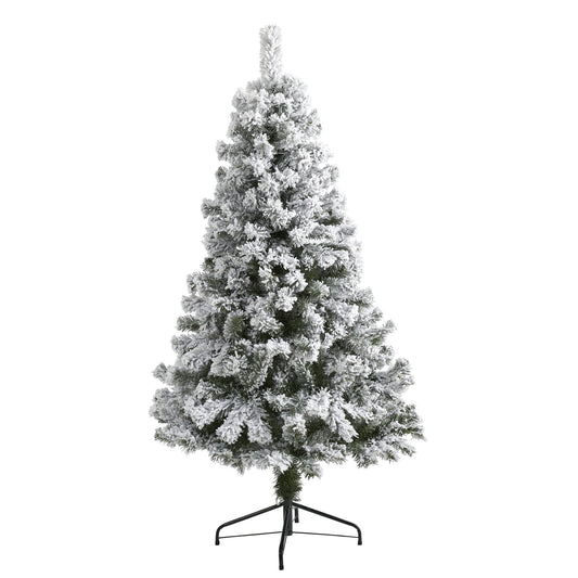 5 ft flocked West Virginia Fir artificial Christmas tree with white needles on metal stand on Tampa Home & Garden Store