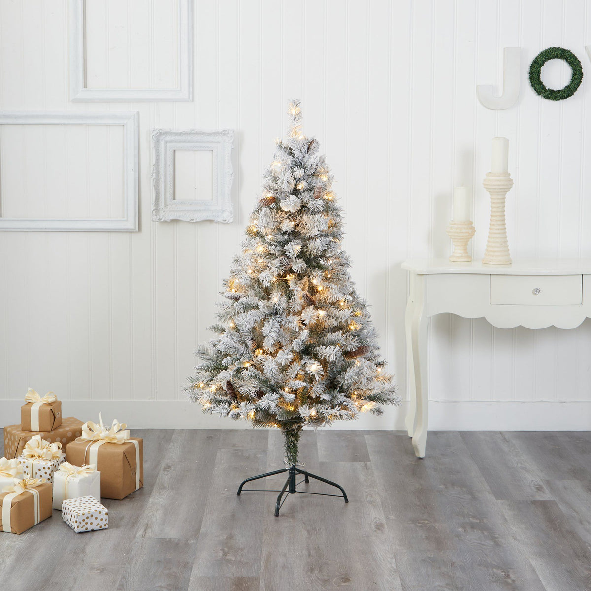 Christmas tree Nearly Natural white River Mountain Pine with pinecones and 150 LEDs on Tampa Home & Garden Store