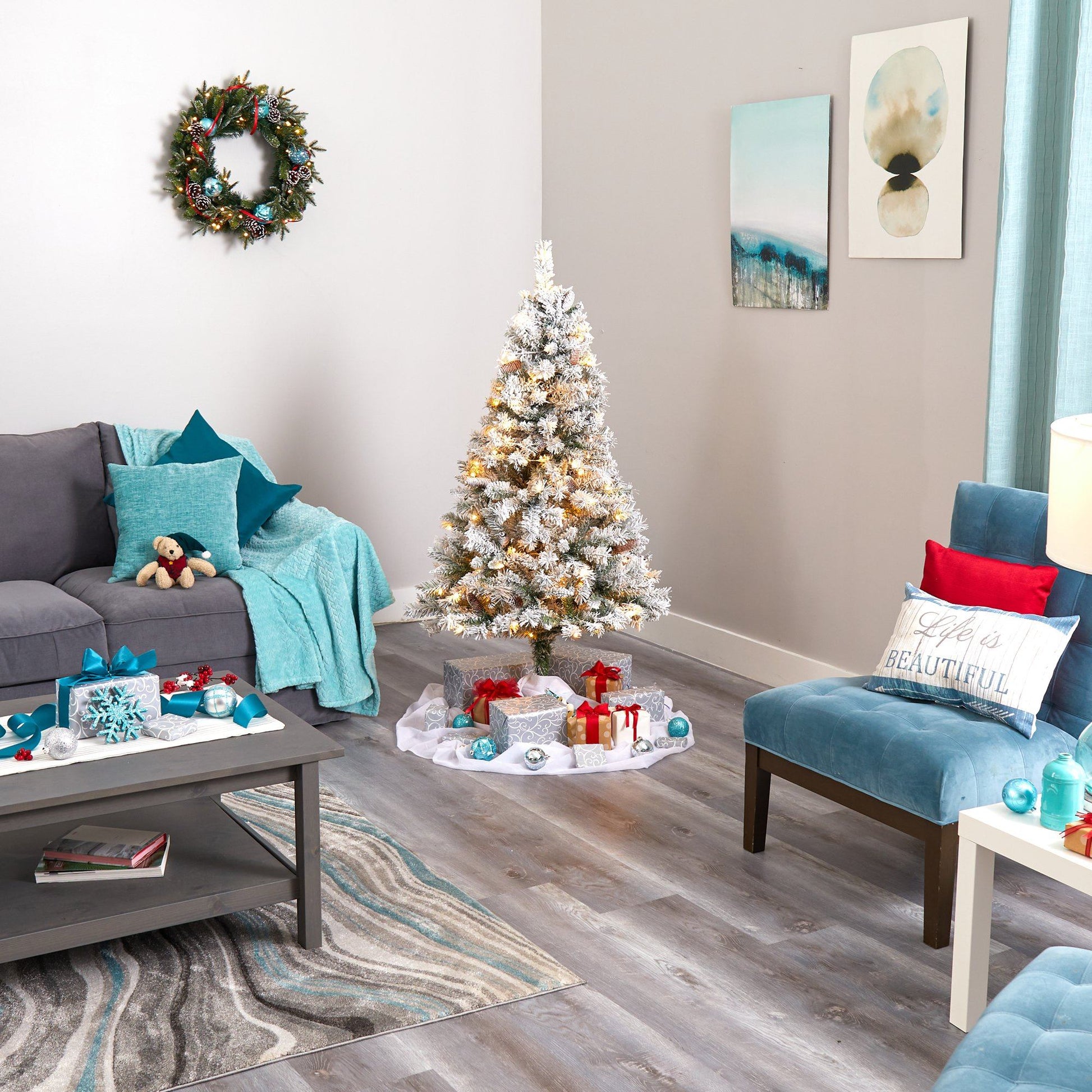5' flocked white River Mountain Pine artificial Christmas tree with pinecones and 150 LEDs on Tampa Home & Garden Store