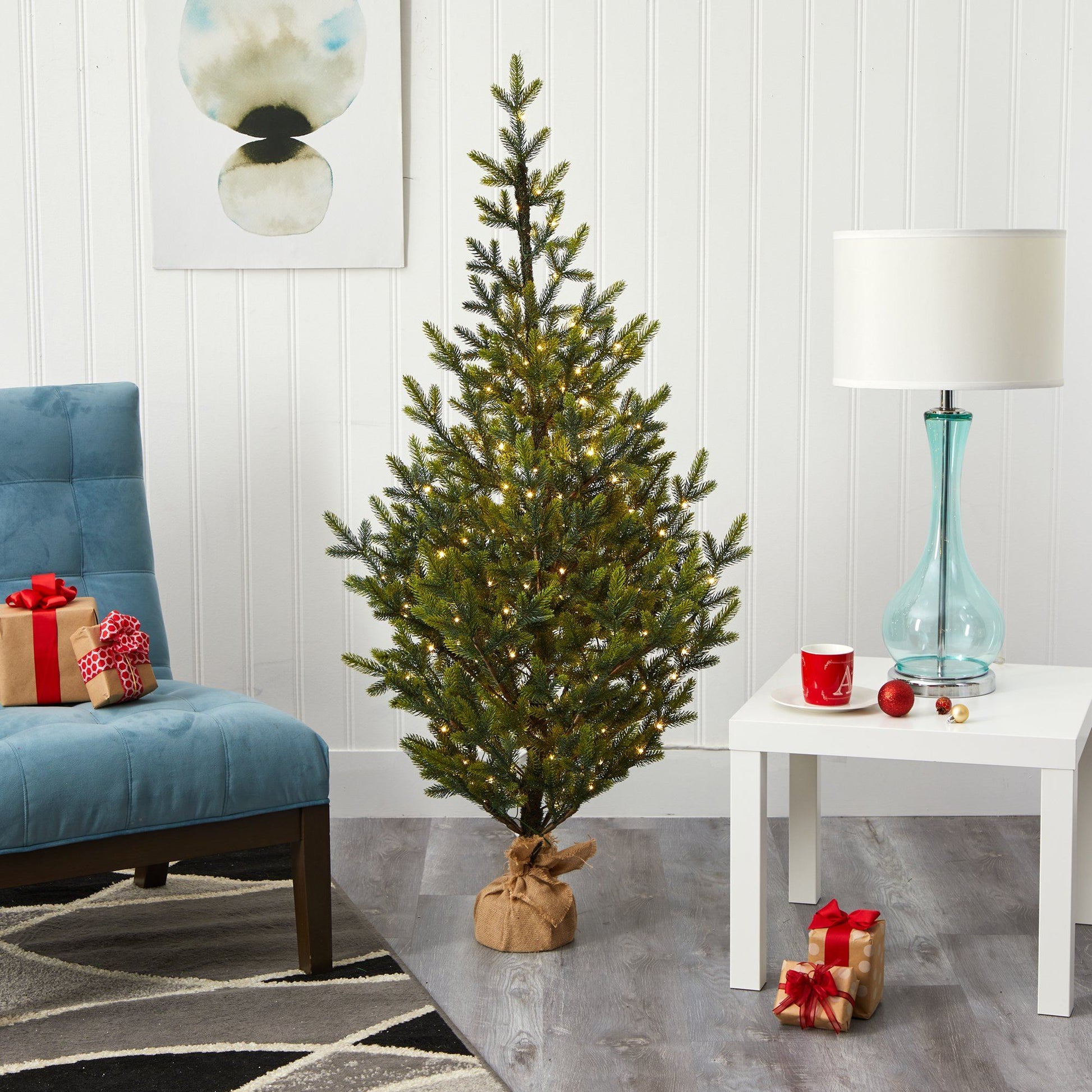 Nearly Natural 5 ft Fraser Fir artificial Christmas tree with 200 LED lights burlap base on Tampa Home & Garden Store