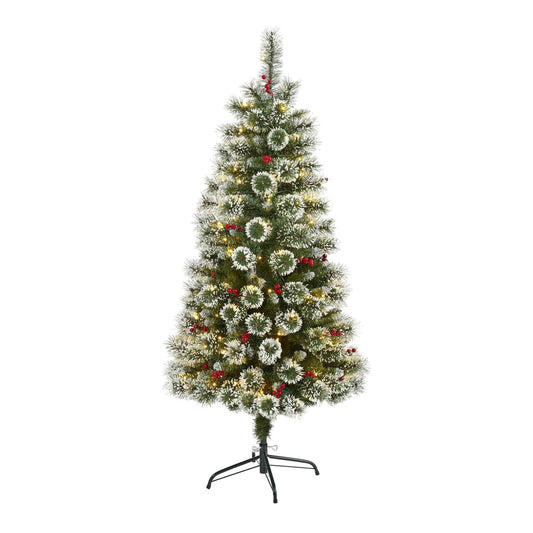 5' Frosted Swiss Pine Christmas tree Nearly Natural with 200 clear LED lights and berries on Tampa Home & Garden Store