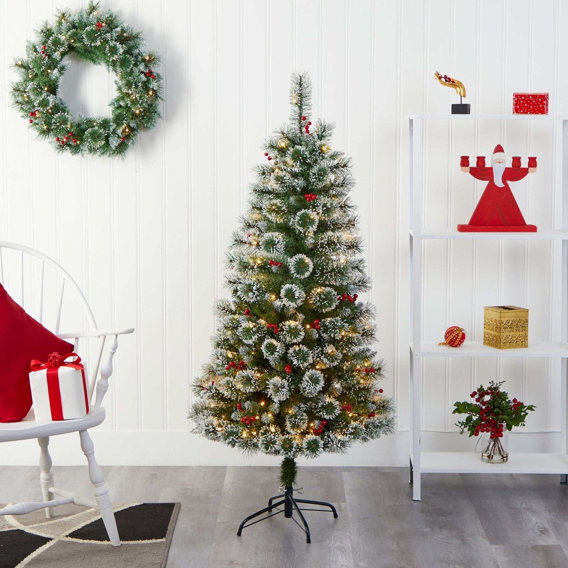 5 ft Frosted Swiss Pine artificial Christmas tree with 200 clear LEDs and berries Nearly Natural on Tampa Home & Garden Store