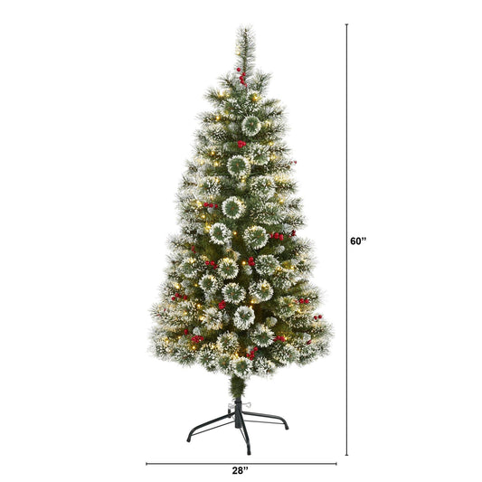 Nearly Natural 5 ft Frosted Swiss Pine Christmas Tree with 200 clear LED lights and berries on Tampa Home & Garden Store