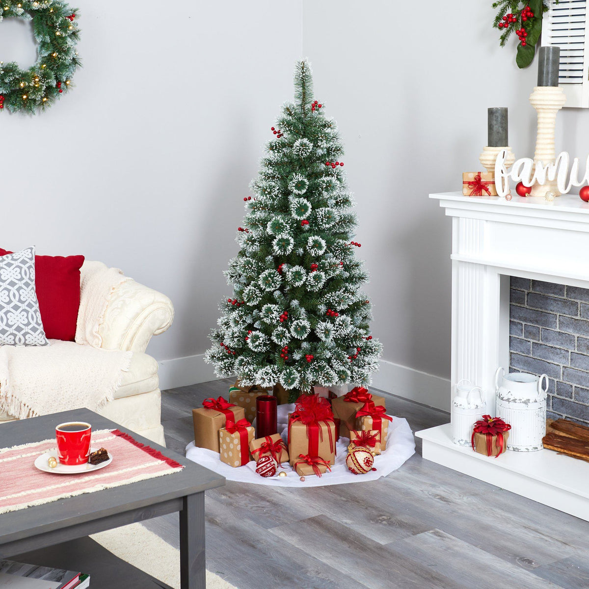 5 ft Frosted Swiss Pine Christmas Tree by Nearly Natural with 200 LED lights and red berries on Tampa Home & Garden Store