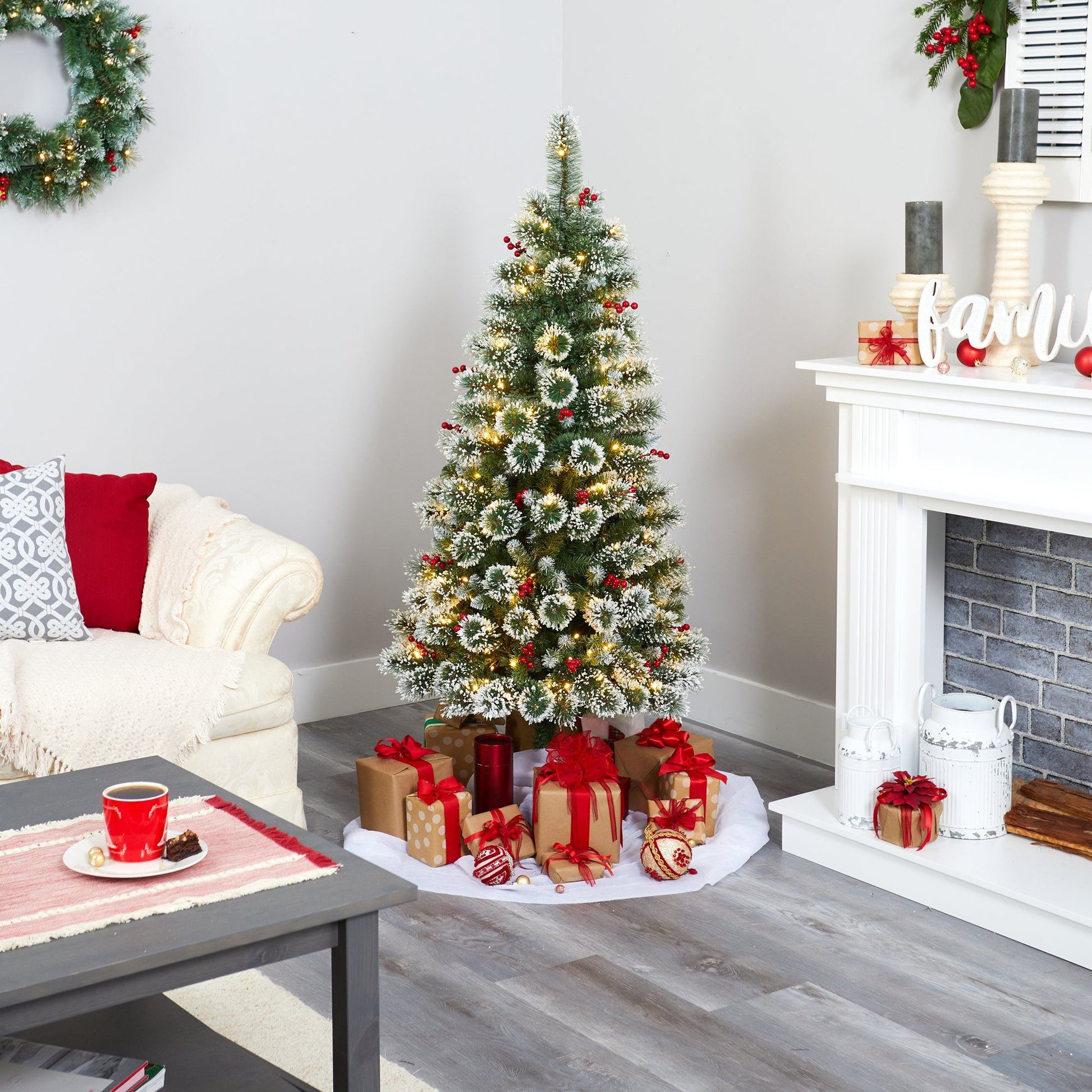 5 ft Frosted Swiss Pine artificial Christmas tree with 200 LEDs and berries Nearly Natural on Tampa Home & Garden Store