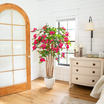 5' Artificial Deluxe Bougainvillea Tree Nearly Natural with pink blossoms in a white pot indoor on Tampa Home & Garden Store