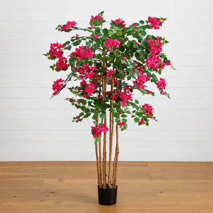 Artificial Bougainvillea Tree 5' Nearly Natural with pink blooms and green leaves in a black planter on Tampa Home & Garden Store